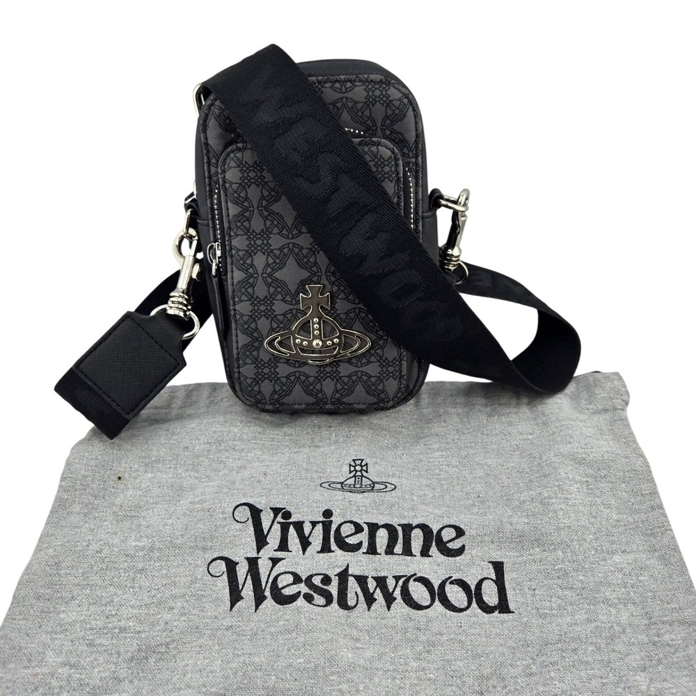 Vivienne Westwood Vegan Orb Monogram Crossbody Bag Black Grey Phone Pouch